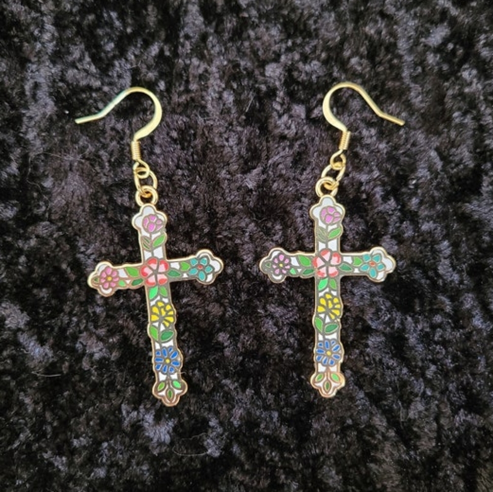 Stained Glass Gold Tone Metal Jesus Cross Dangle Drop Earrings Stained Glass